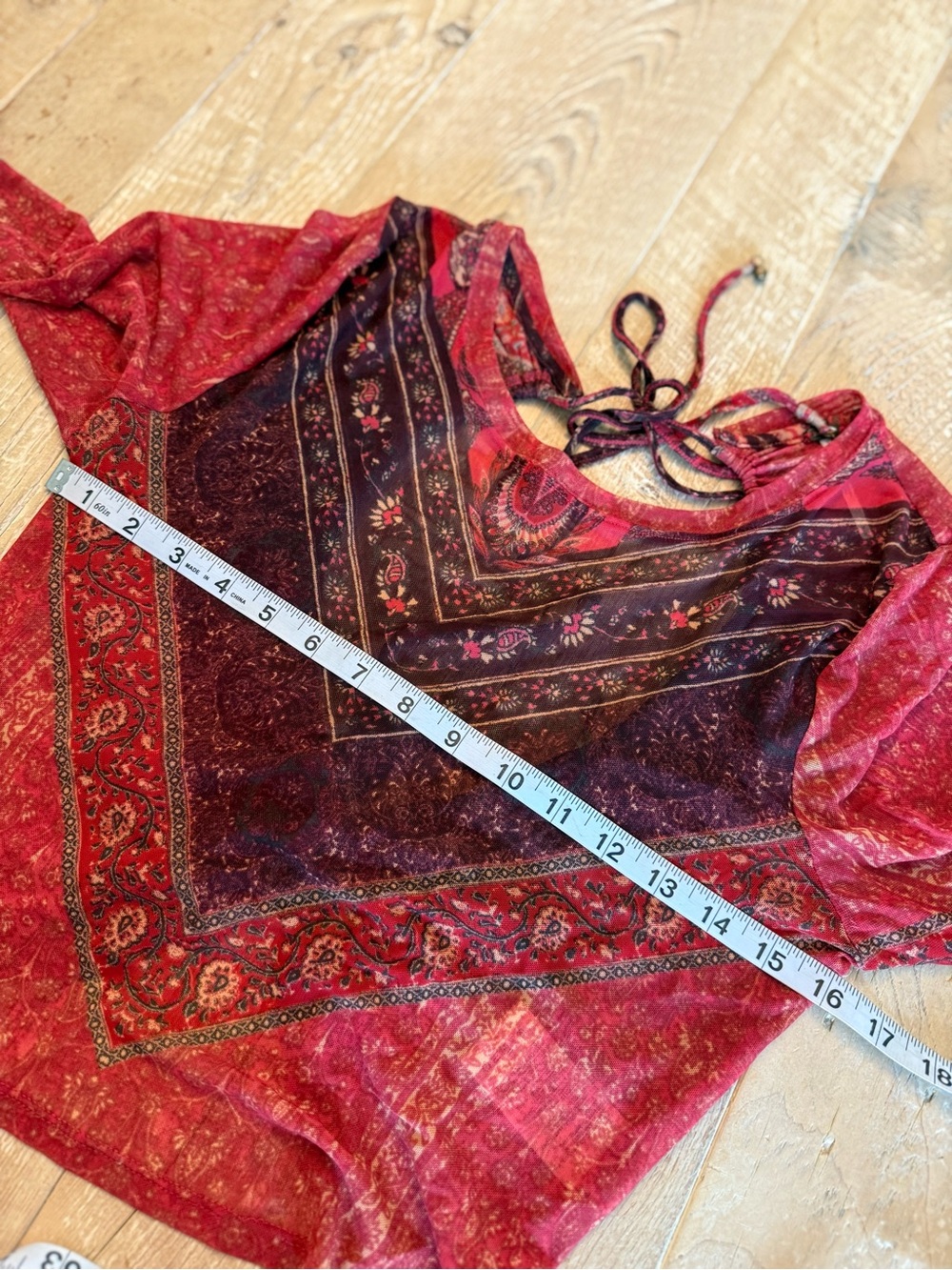Free People Red Paisley Lace-Up Long Sleeve Crop Top M - Picture 4 of 9
